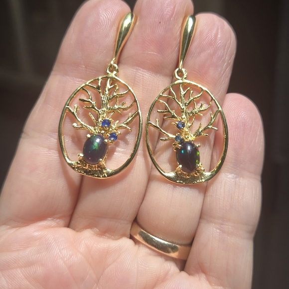 Opal & Sapphire Tree of life sterling & gold earrings - Picture 7 of 9